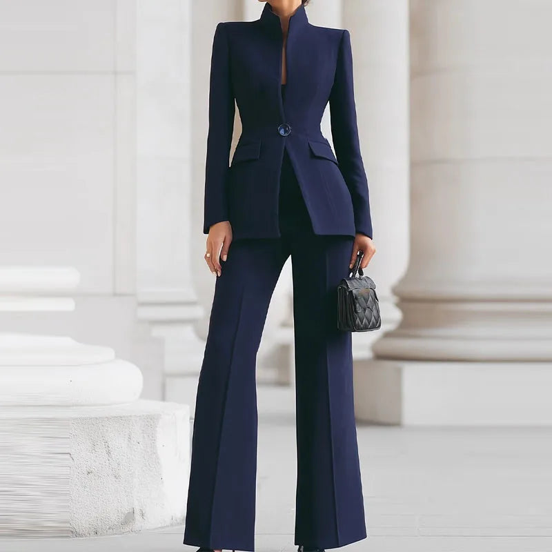 Elegant Long Sleeved Blazer+Pants Suit Autumn Simple Solid Color Commuting Outfit Women's Temperament Slim Fit Professional Set