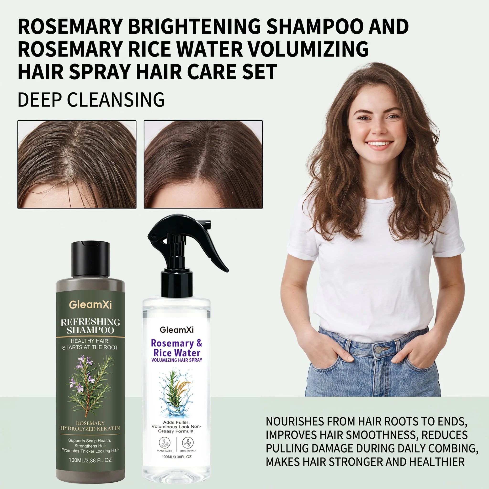 Rosemary Shampoo Set With Hair Root Care Spray Volumizing Smoothing Frizz Control Moisturizing Nourishing Scalp Gentle Cleanse