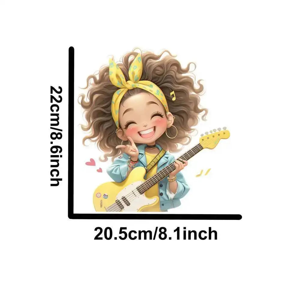 Yellow Guitar Music Girl Heat Transfer Patches For Clothing DIY A-Level Washable T-shirts Iron-on Thermal Stickers