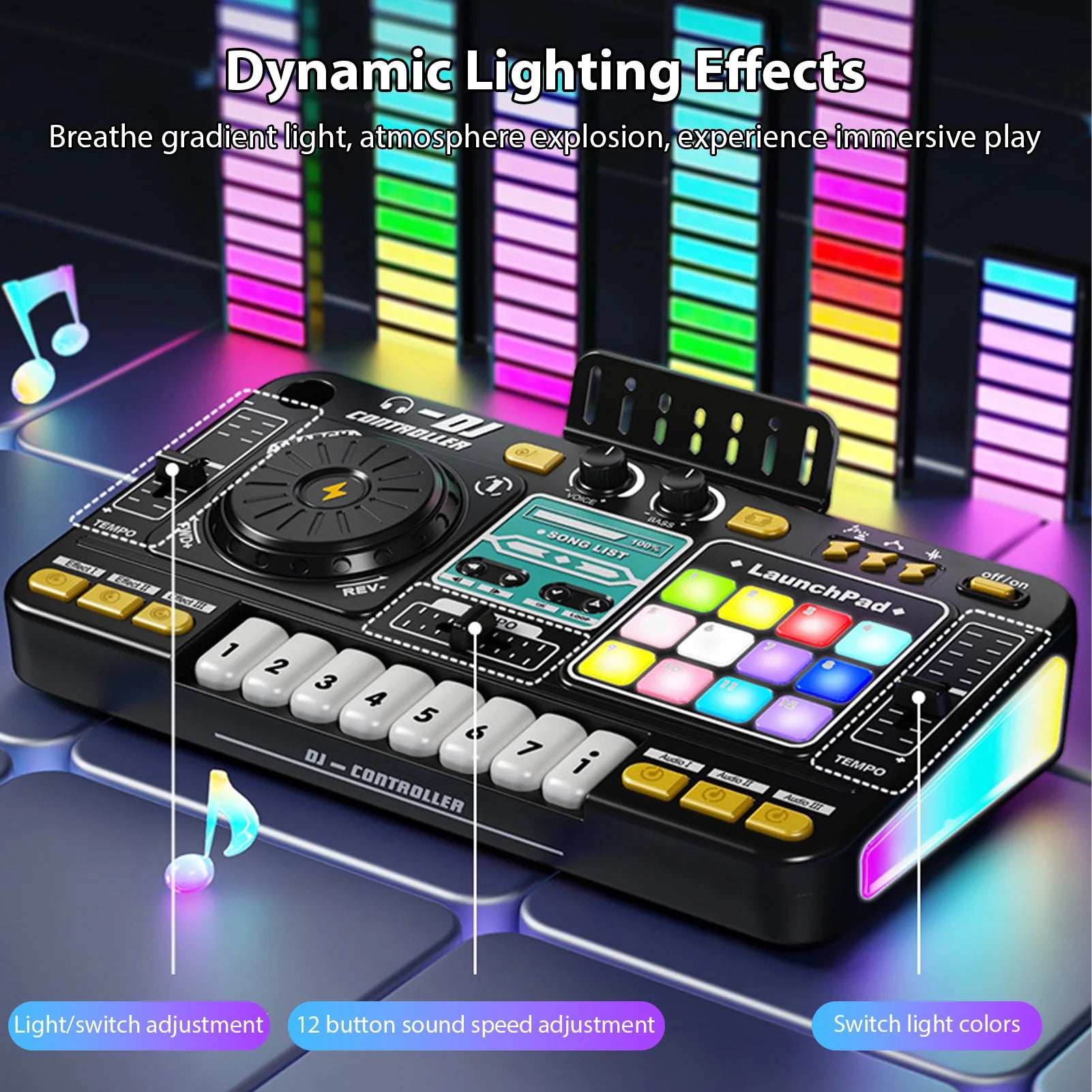 DJ Controller for Kids DJ Disc Player Electronic Keyboard BT DJ Mixer Table with Adjustable Microphone Dynamic Lighting Effects