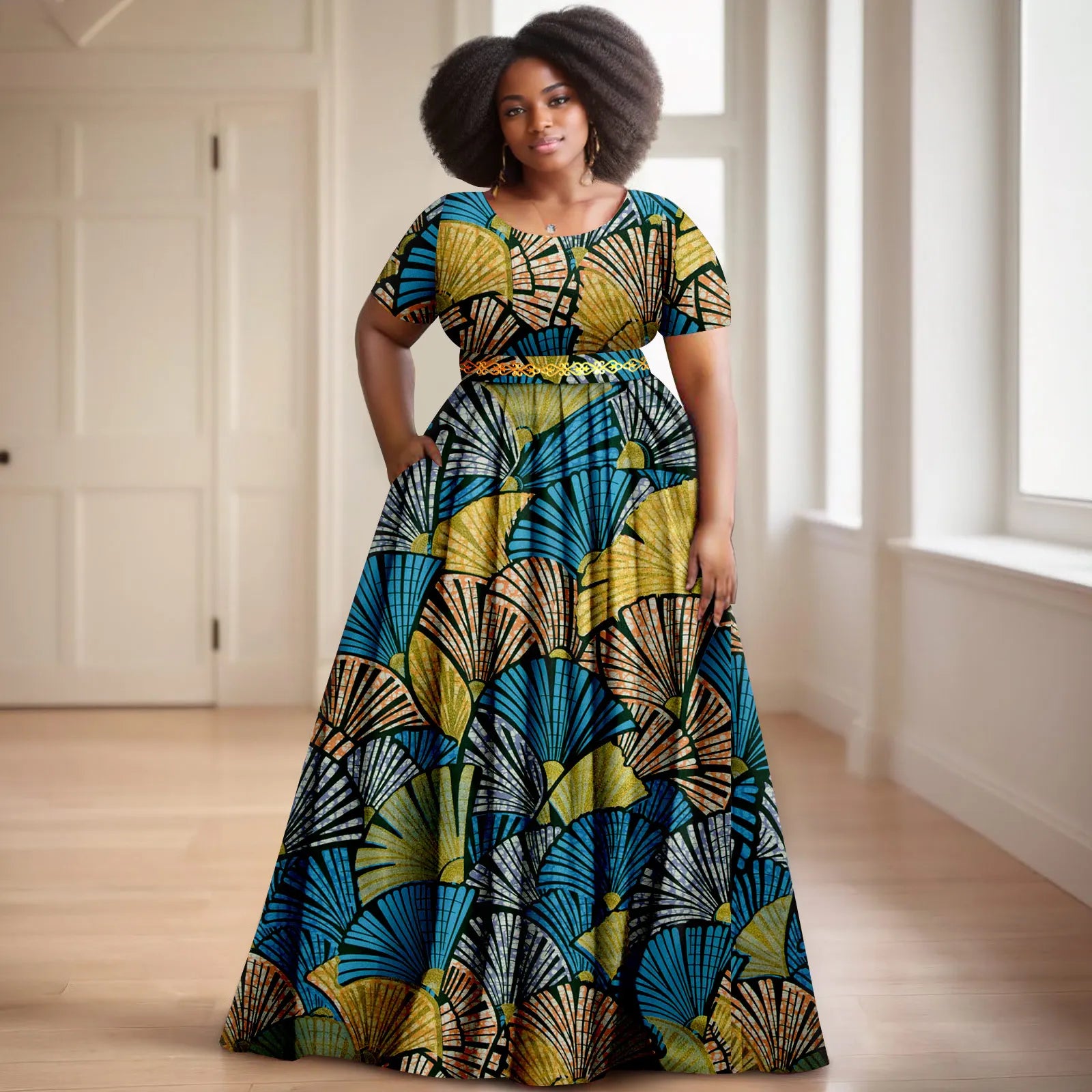 Afripride African Women's Dresses Ankara Batik Short Sleeve Gold Stamped Belt Accessory Dress 2425127
