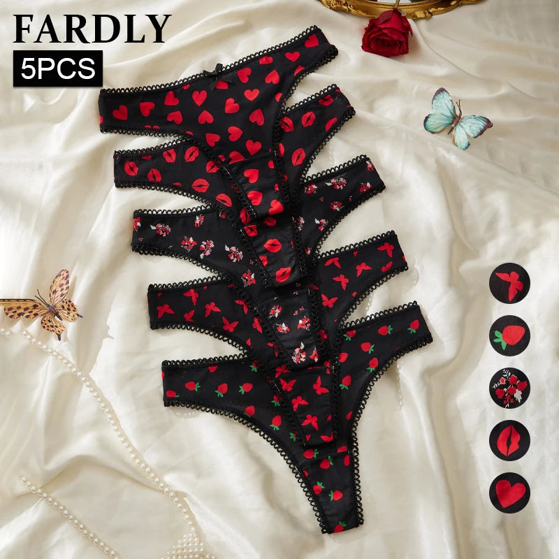 FARDLY 5PCS Valentine's Day Gift Sexy Red Printed Women's Thong Lace Underwear Comfortable Breathable Seamless Panties