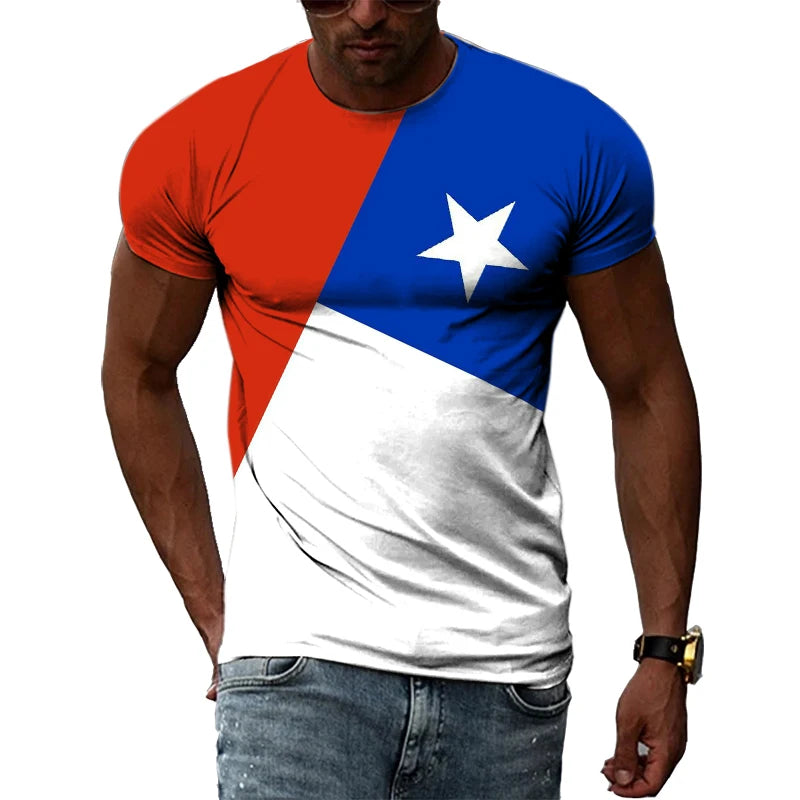 Summer T-shirts For Man 3D Print Hip Hop Harajuku Personality Round Neck Short Sleeve Fashion Natural Scenery Chile map and flag
