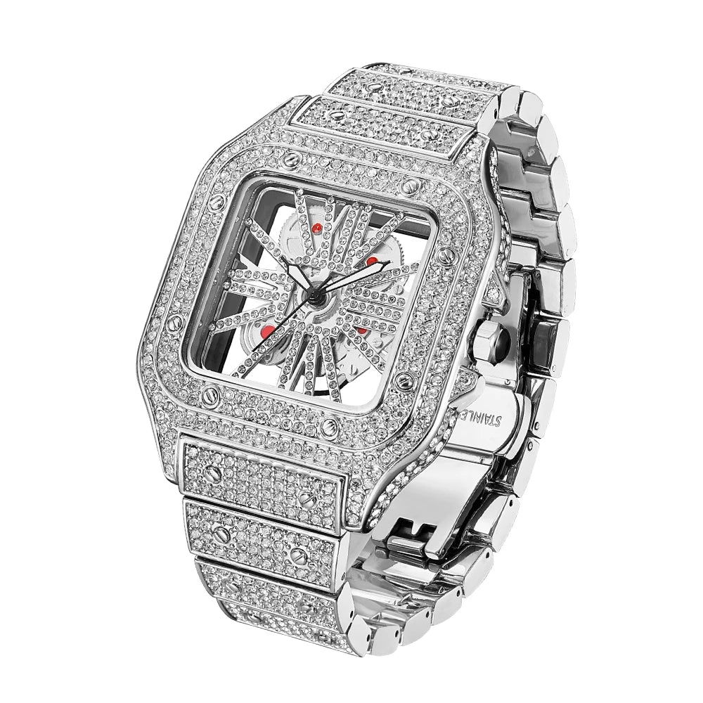 Square Full Diamond Watches For Men Luxury Fashion Ice Out Bling Skeleton Clock Hip Hop Shiny Silver Waterproof Watch Hot Sale