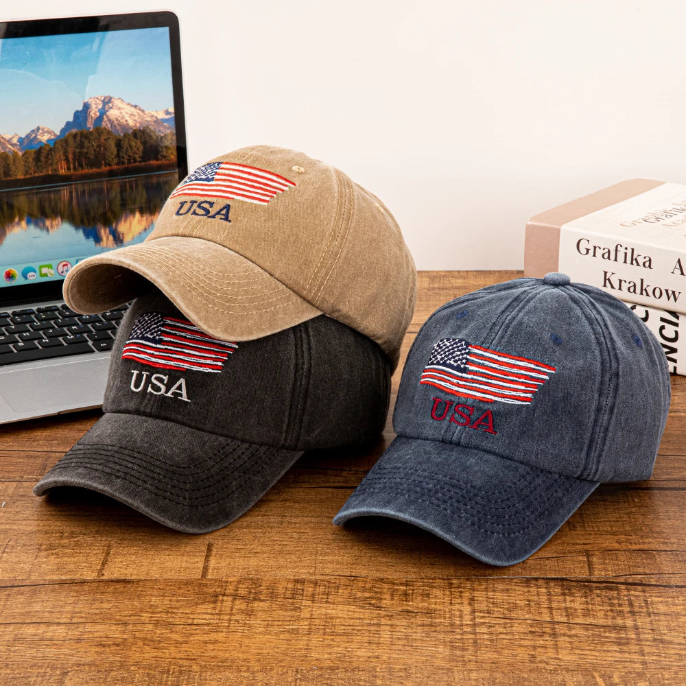 USA American Flag Embroidered Washed Cotton Baseball Cap for Men Women Vintage Adjustable Dad Hat Patriotic Outdoor