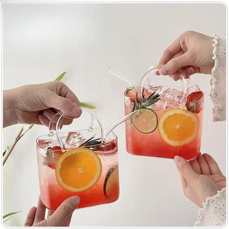 Trendy Glass Handbag Drinkware Set - with Tray, Creative Fruit Juice/Cocktail Cup for Bar/Pub, Stylish Bistro Glassware
