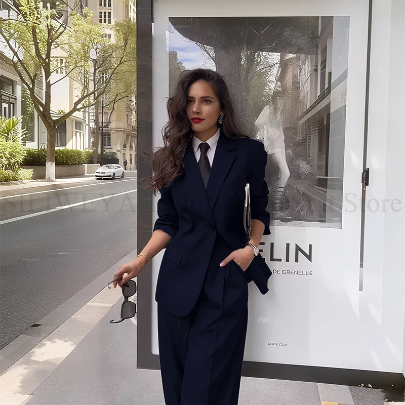 Fashion Chic Classic Black Women's Suits Notch Lapel Two Piece Jacket Pants Female Clothing Formal Office Lady Blazers Sets