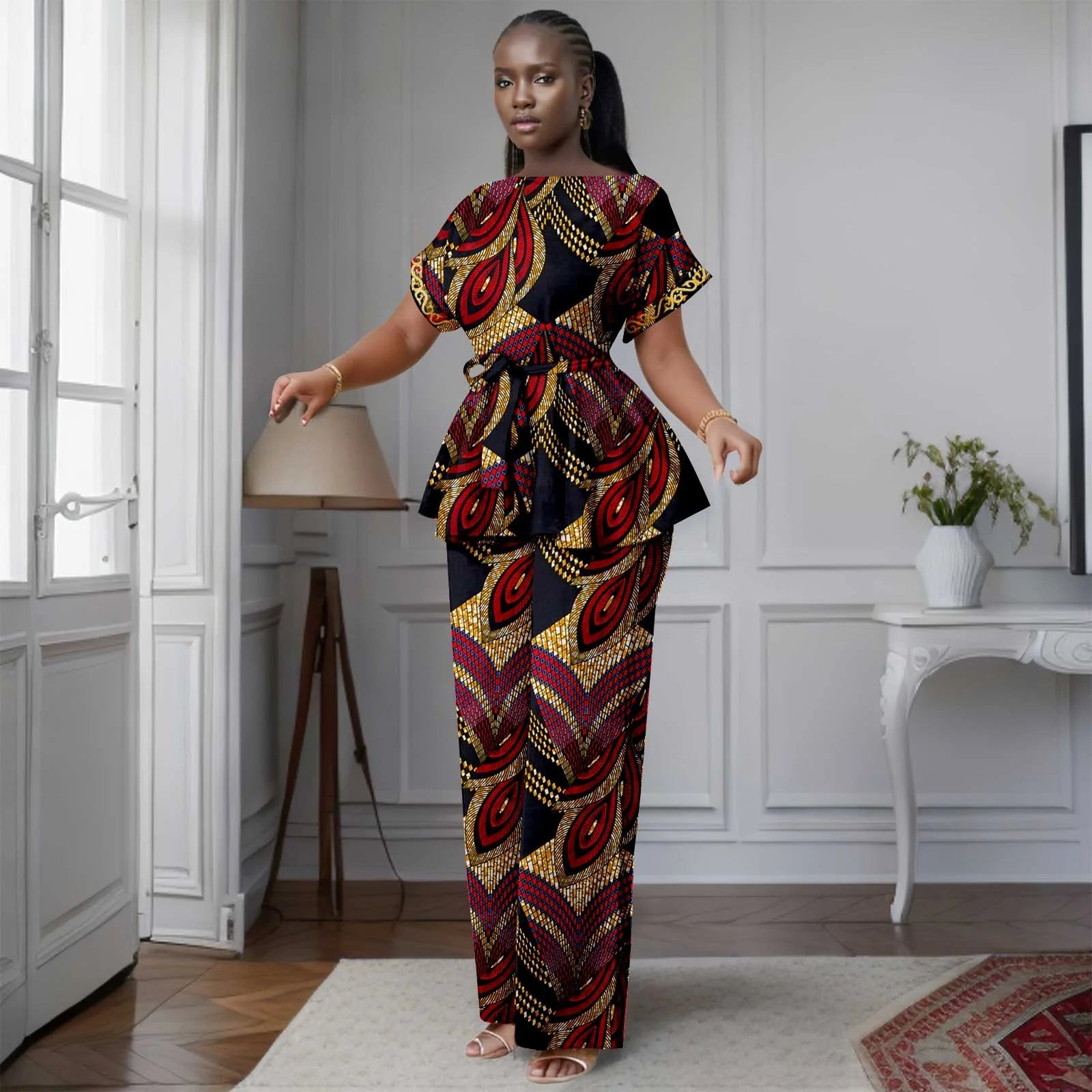 African Women's Printed Ankara Slash Neck Short Sleeve Top Mid-Calf Pants two-piece Set Dashiki Casual Party