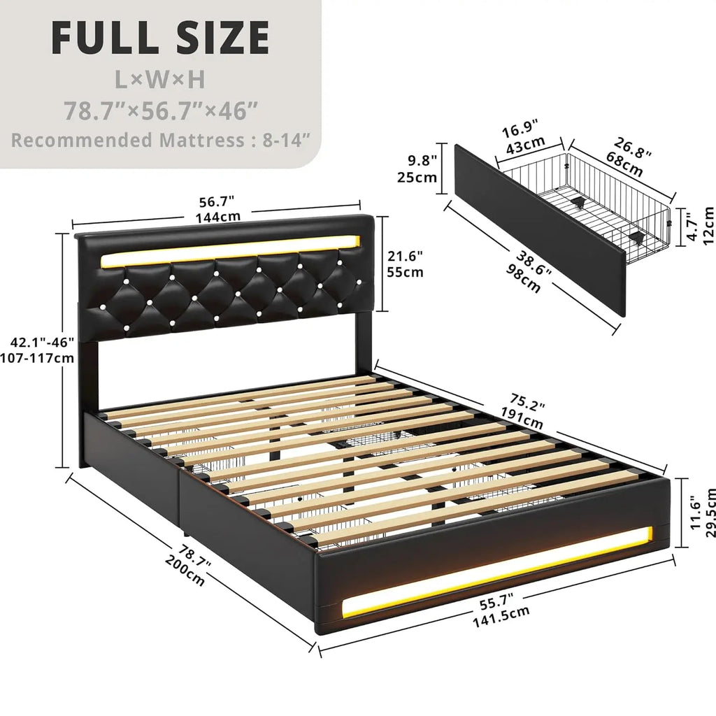 Full Size Bed Frame with LED Light, PU Leather Platform Bed Frame with 4 Drawers, Adjustable Crystal Button Tufted Headboard, No