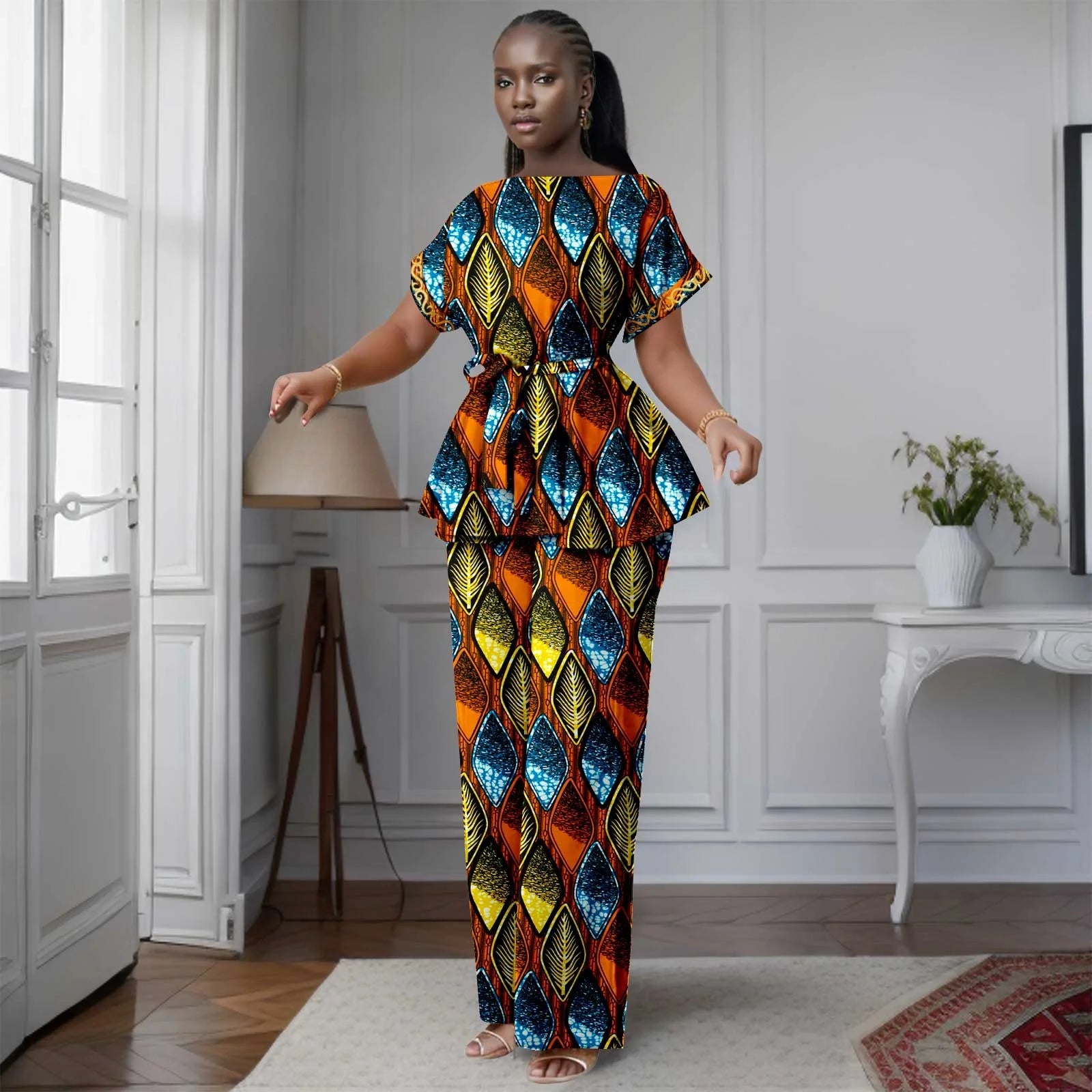African Women's Printed Ankara Slash Neck Short Sleeve Top Mid-Calf Pants two-piece Set Dashiki Casual Party