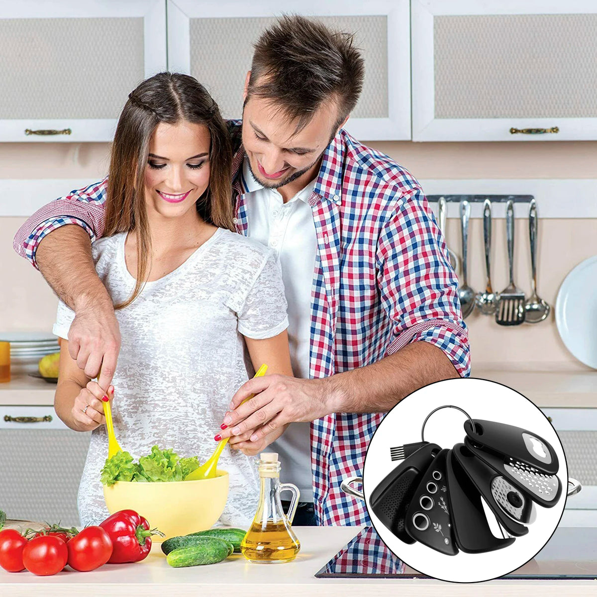 7 In 1 Kitchen Gadgets with Pizza Cutter Vegetable Peeler Bottle Opener Cheese Grater Herb Stripper Garlic Grinder and Brush