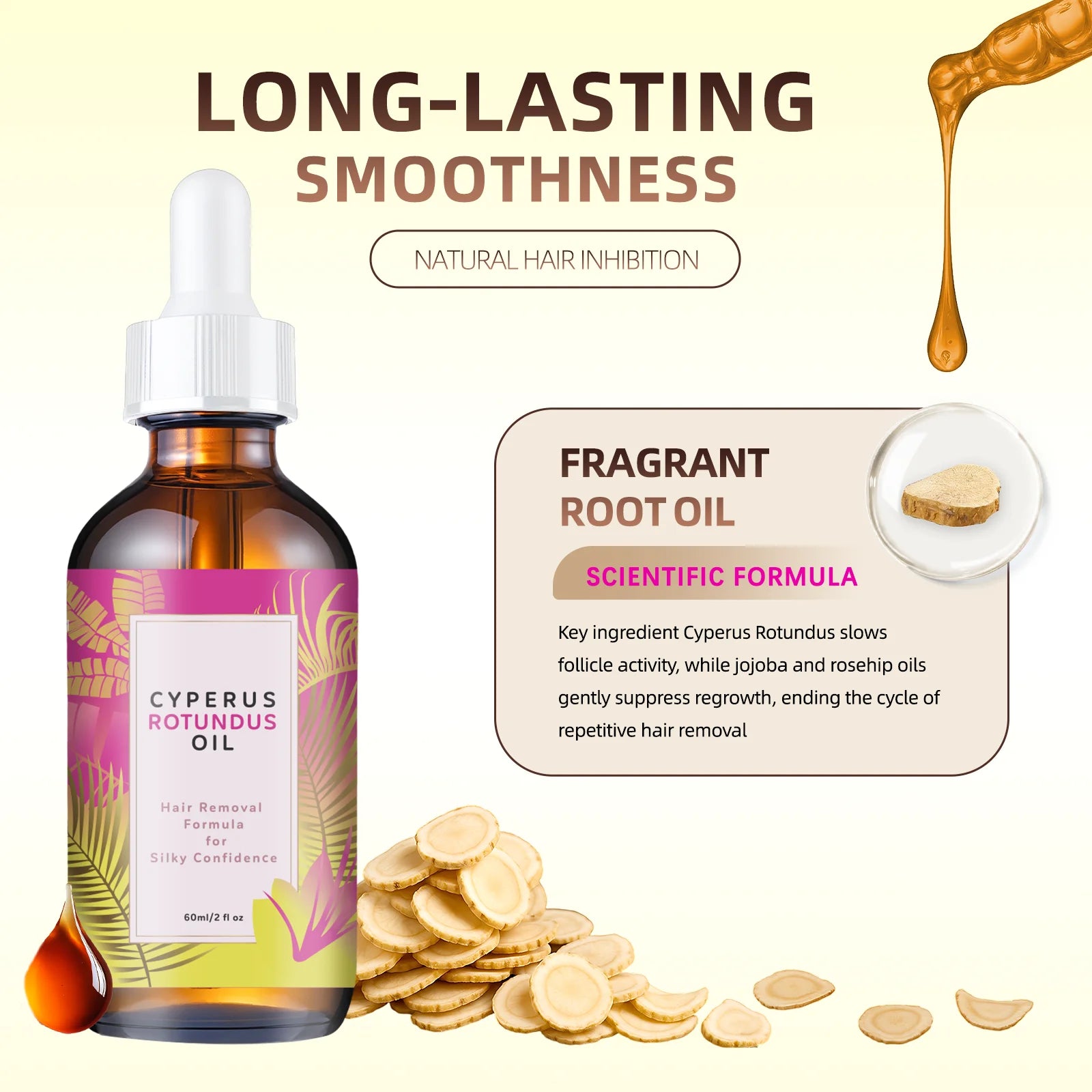 Natural Hair Growth Inhibitor Oil 60ml - Long-Lasting Reduction with Jojoba & Almond Oil for Smooth, Silky Skin, All Skin Types.