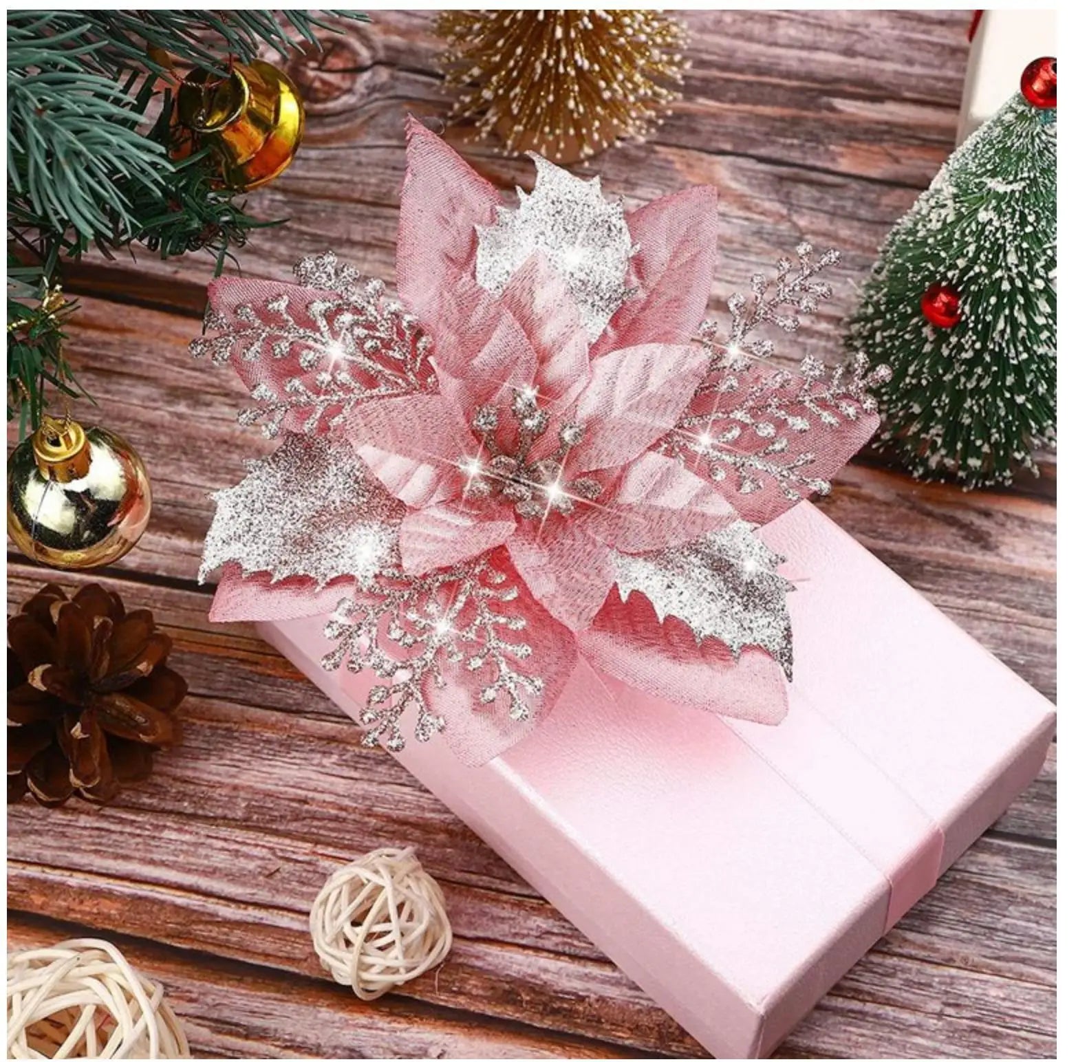 30pcs Glitter Pink Christmas Flowers Xmas Tree 14cm Artifical Flower Ornaments 2023 Merry Christmas Decoration For Home New Year