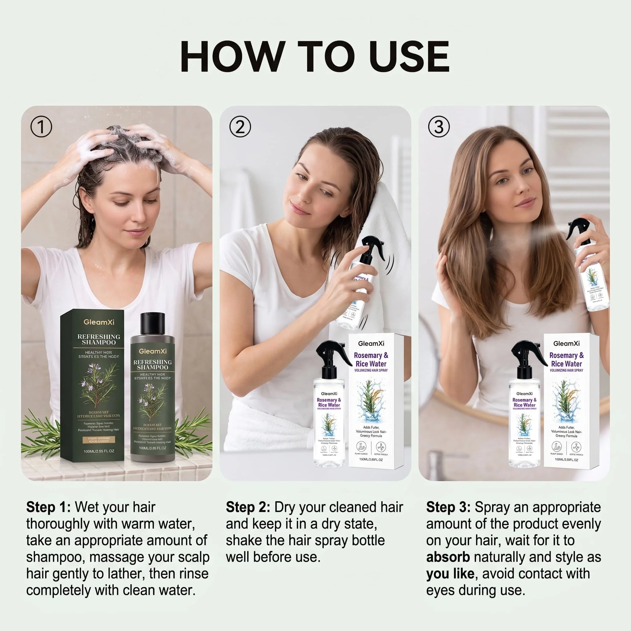 Rosemary Shampoo Set With Hair Root Care Spray Volumizing Smoothing Frizz Control Moisturizing Nourishing Scalp Gentle Cleanse