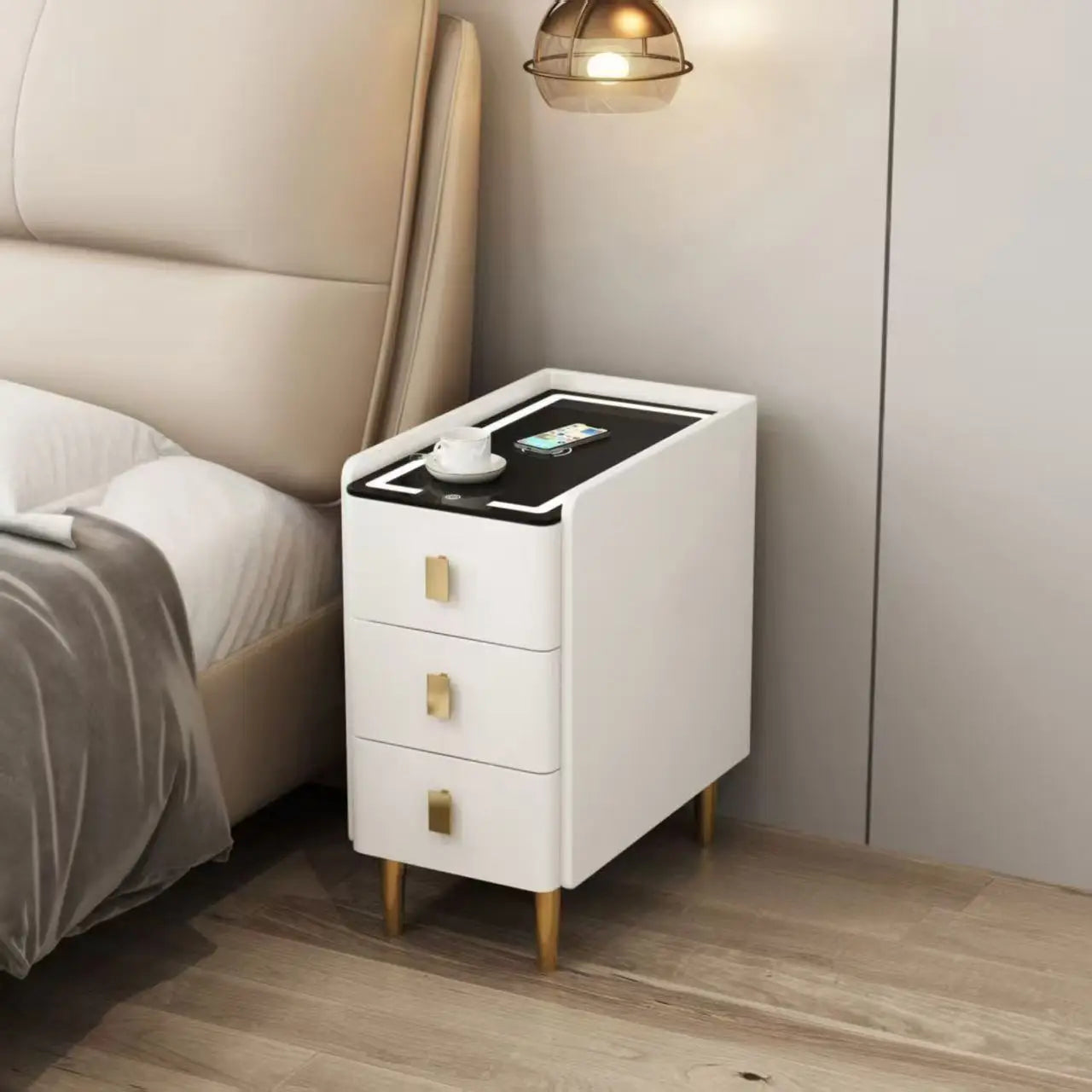 Nordic Style Intelligent Solid Wood Bedside Table Faux Leather 3 Drawers Nightstands with Wireless Charging Side Storage Cabinet