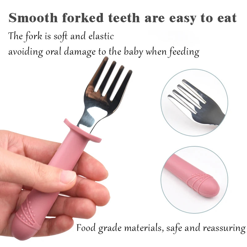 Stainless Steel Fork Spoon Baby Training Dining Accessories Tableware Food grade Silicone Long Handle Set