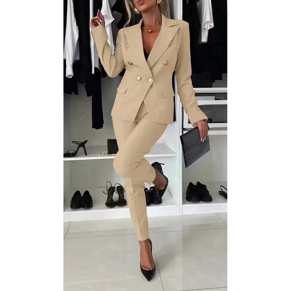 Women Casual Plain Blazer Coat & Work Pants Set Formal Solid OL Style 2 Pieces Set Bussiness Office Lady Suit Sets Workwear