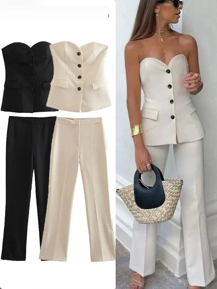 HH 2024 Women Solid Tube Top Pant Suit Sleeveless Off Shoulder Single Breasted Tube Top+All-match Straight Trousers Set TRAF