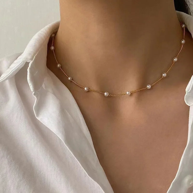 CARLIDANA Hot Selling High Quality Pearl Chain Stainless Steel Gold Plated Beaded Necklace Bracelet Set Jewelry for Women