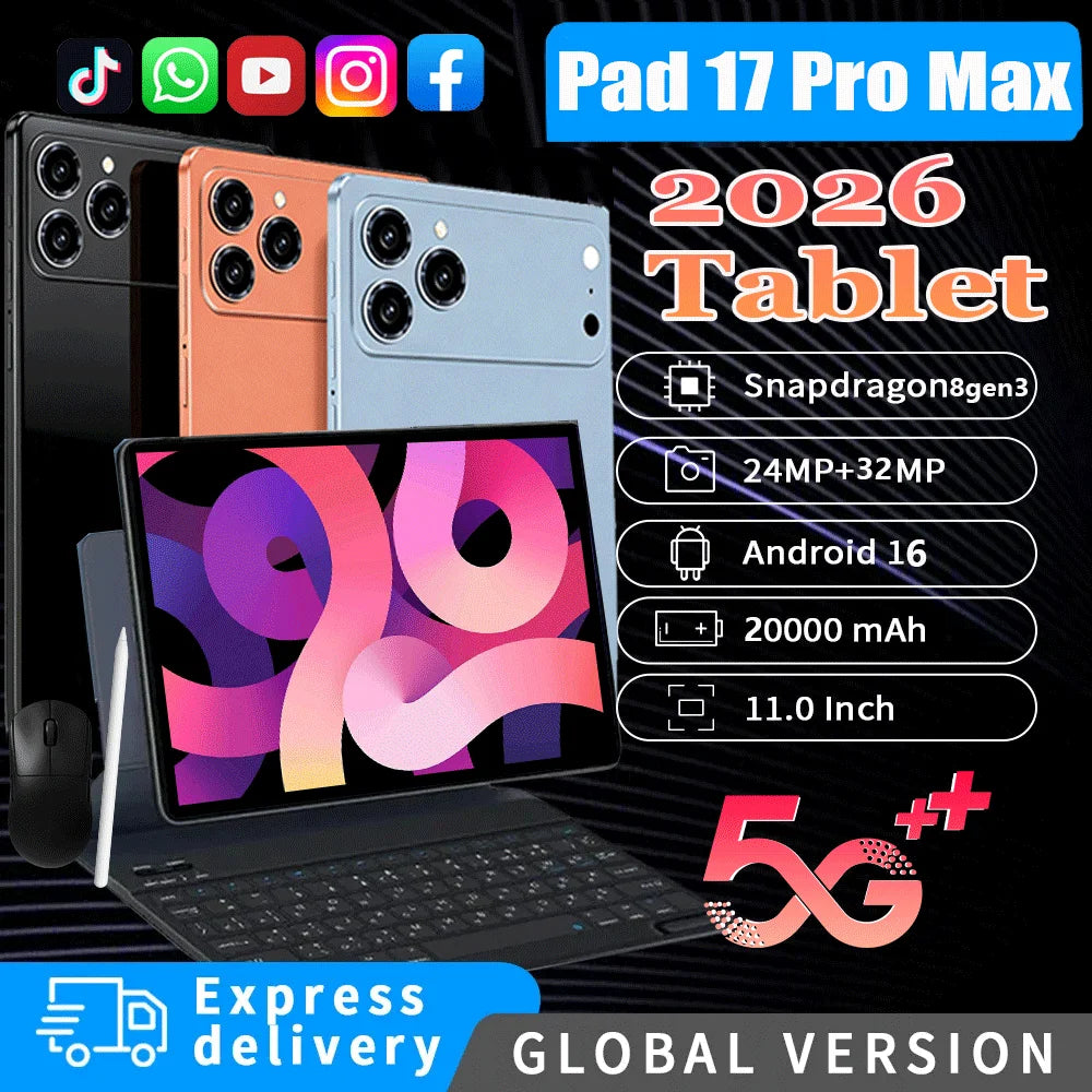 2026 Gobal Version 11Inch IPad 17 Pro Max Tablet Android 16 24Gb Ram 2TB Rom 20000Mah Battery Dual Sim 5G Lte Mini Tab PC