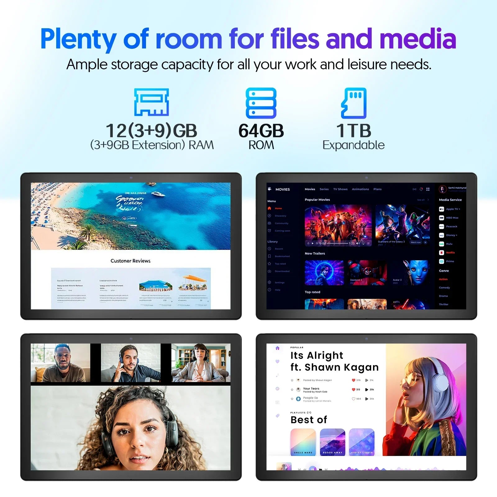 BAKEN Android 15 tablet, 10-inch, 12 (3+9)GB RAM + 64GB ROM, quad-core, 6000mAh battery, includes a free protective case