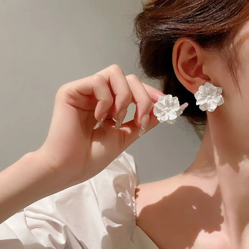 Korean Earring Claw Ear Hook Stud Earrings for Women White Enamel CZ Gold Color Ear Earrings Fashion Jewelry Christmas Gift