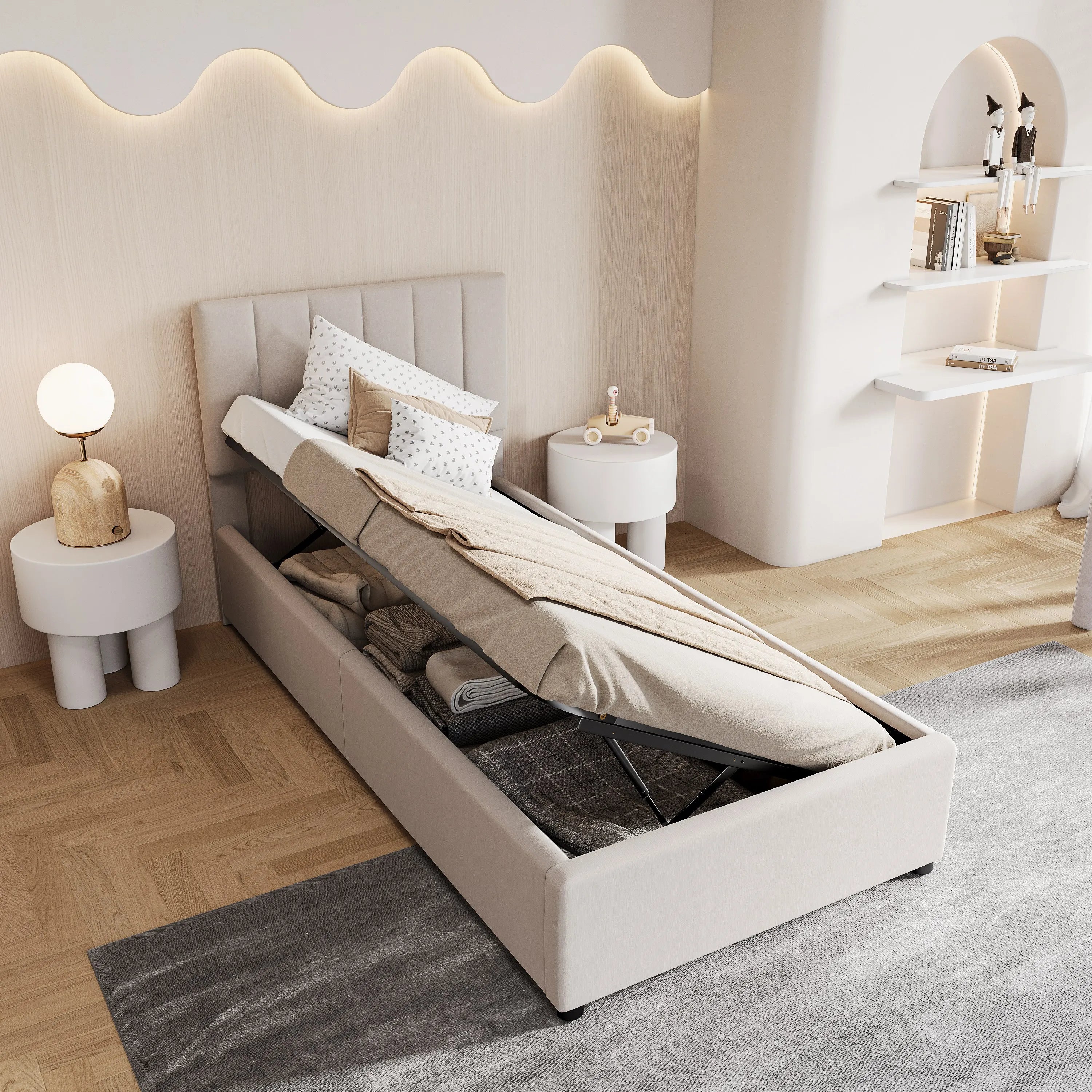 Rosahqnda children's bed 90x200 cm, upholstered bed, for boys and girls, single bed, hydraulic storage bed, linen,No Mattress