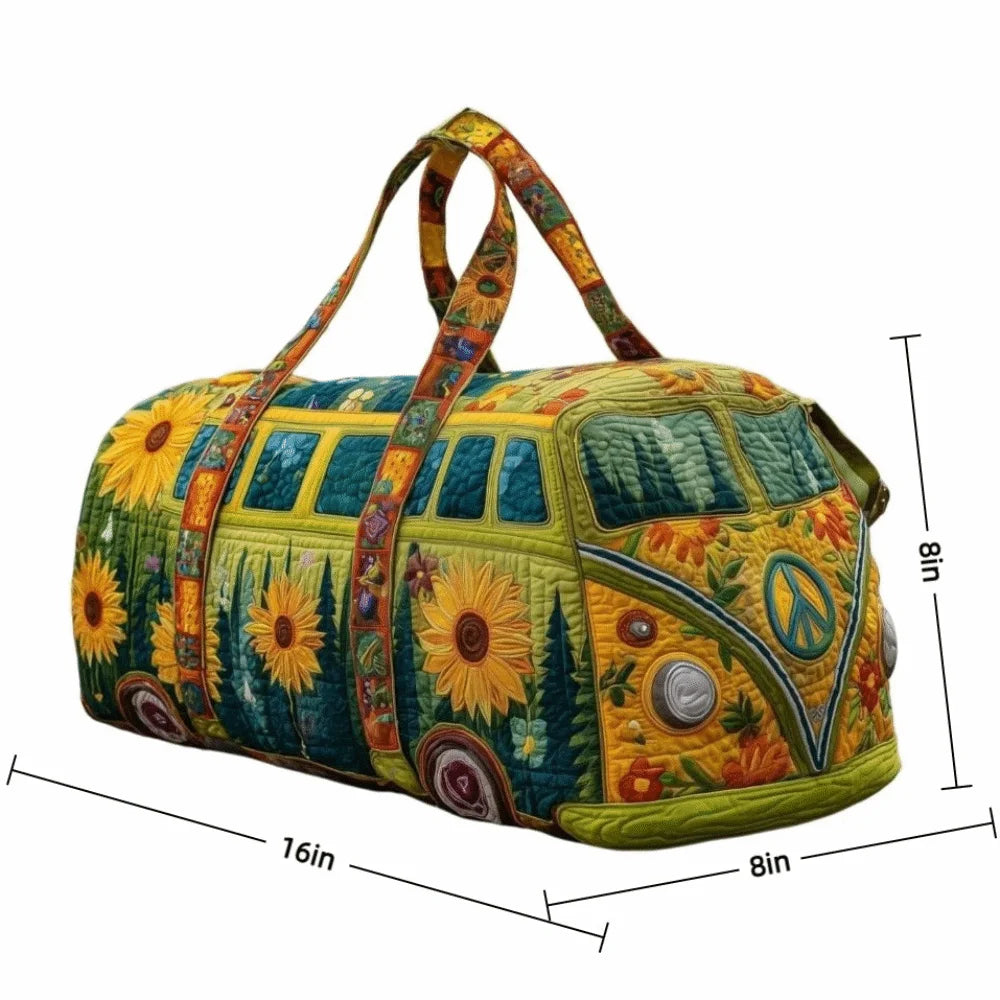 Trendy 3D Quilted Duffle Bag Bus Design Large Capacity Travel Handbag Retro Boho Multifunctional Gym Tote Bag Daily Outings