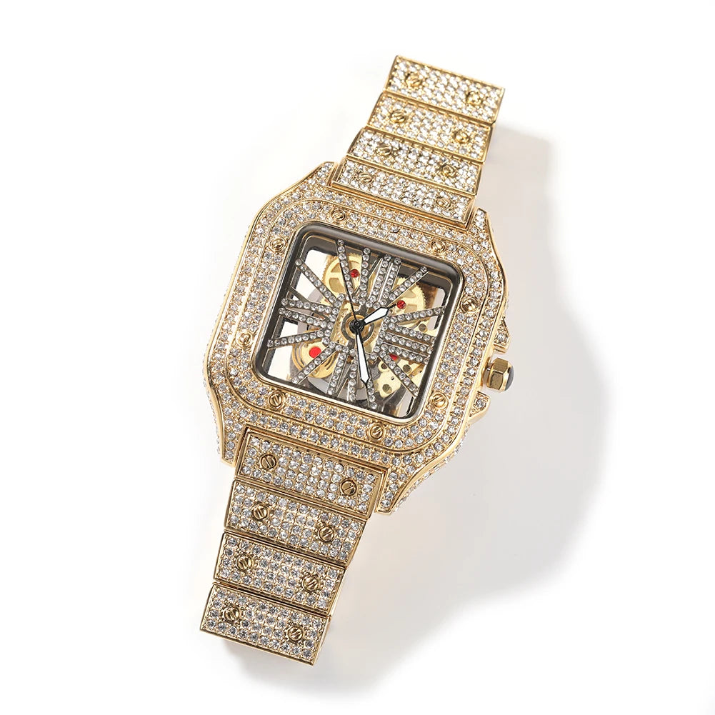 THE BLING KING Iced Out Men Watch Square Dial Quartz Luxury Brand Automatic Wrist Watches Skeleton Clock Hiphop Relogio
