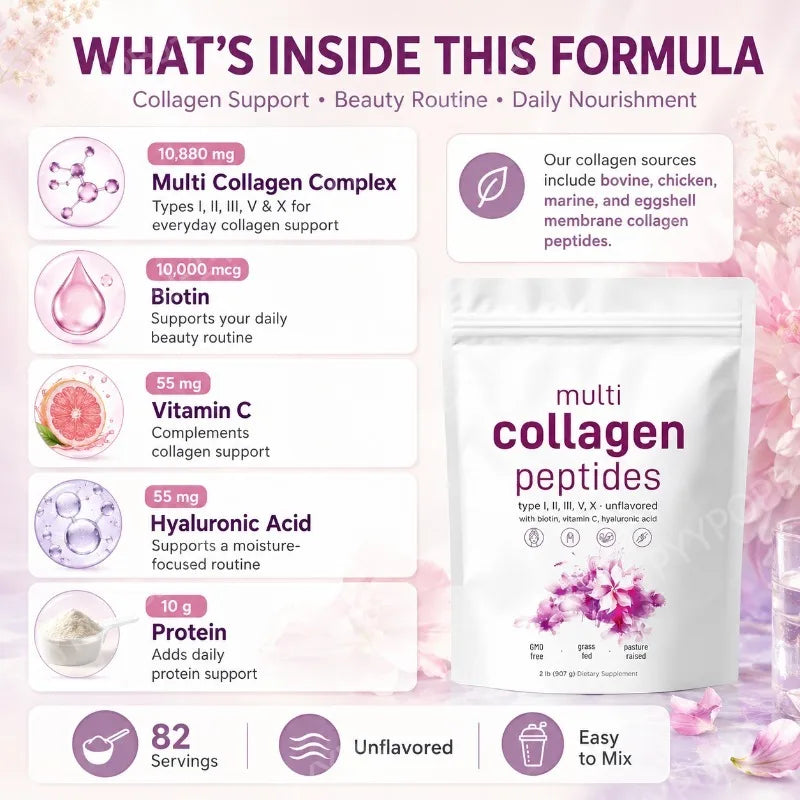Multi Collagen Peptides with Biotin Vitamin C Hyaluronic Acid Supports Skin Hair Nails Unflavored  Types I II III V X  2Lb  907g