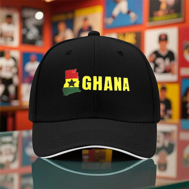 1pc Unisex Baseball Cap, New Style Breathable Black Snapback Hat with Ghana Print for Outdoor Camping, Travel, Running, Yoga, an