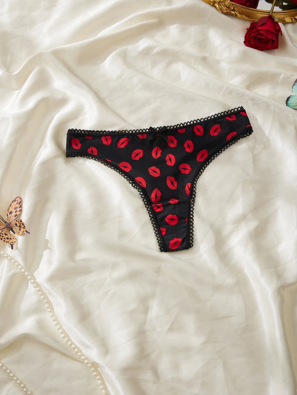 FARDLY 5PCS Valentine's Day Gift Sexy Red Printed Women's Thong Lace Underwear Comfortable Breathable Seamless Panties