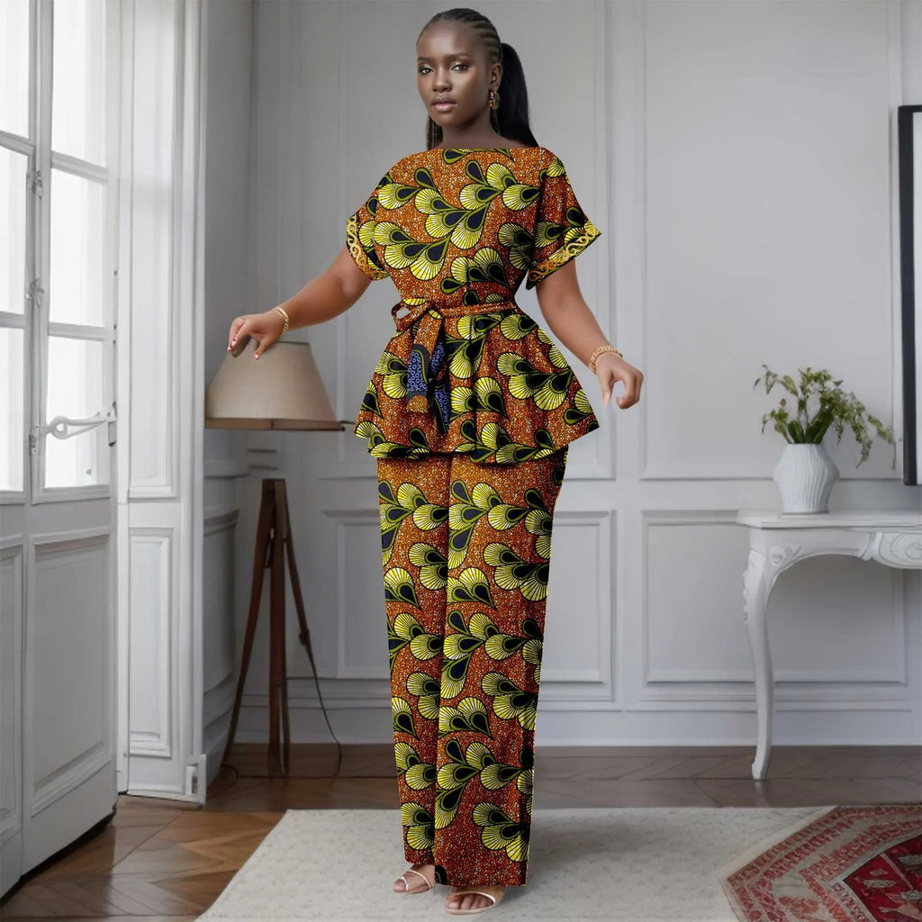African Women's Printed Ankara Slash Neck Short Sleeve Top Mid-Calf Pants two-piece Set Dashiki Casual Party