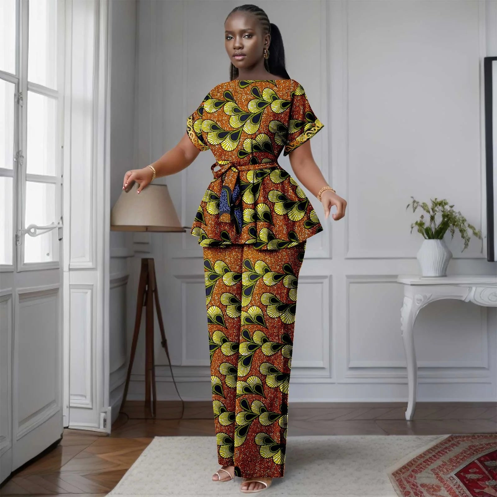 African Women's Printed Ankara Slash Neck Short Sleeve Top Mid-Calf Pants two-piece Set Dashiki Casual Party