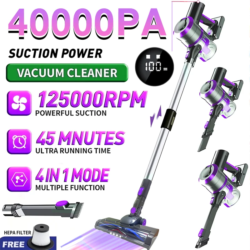 40Kpa Vacuum Cleaner for Home - Lightweight, Stick Vacuum Clean with Large-Capacity Battery, Max 45Mins Runtime
