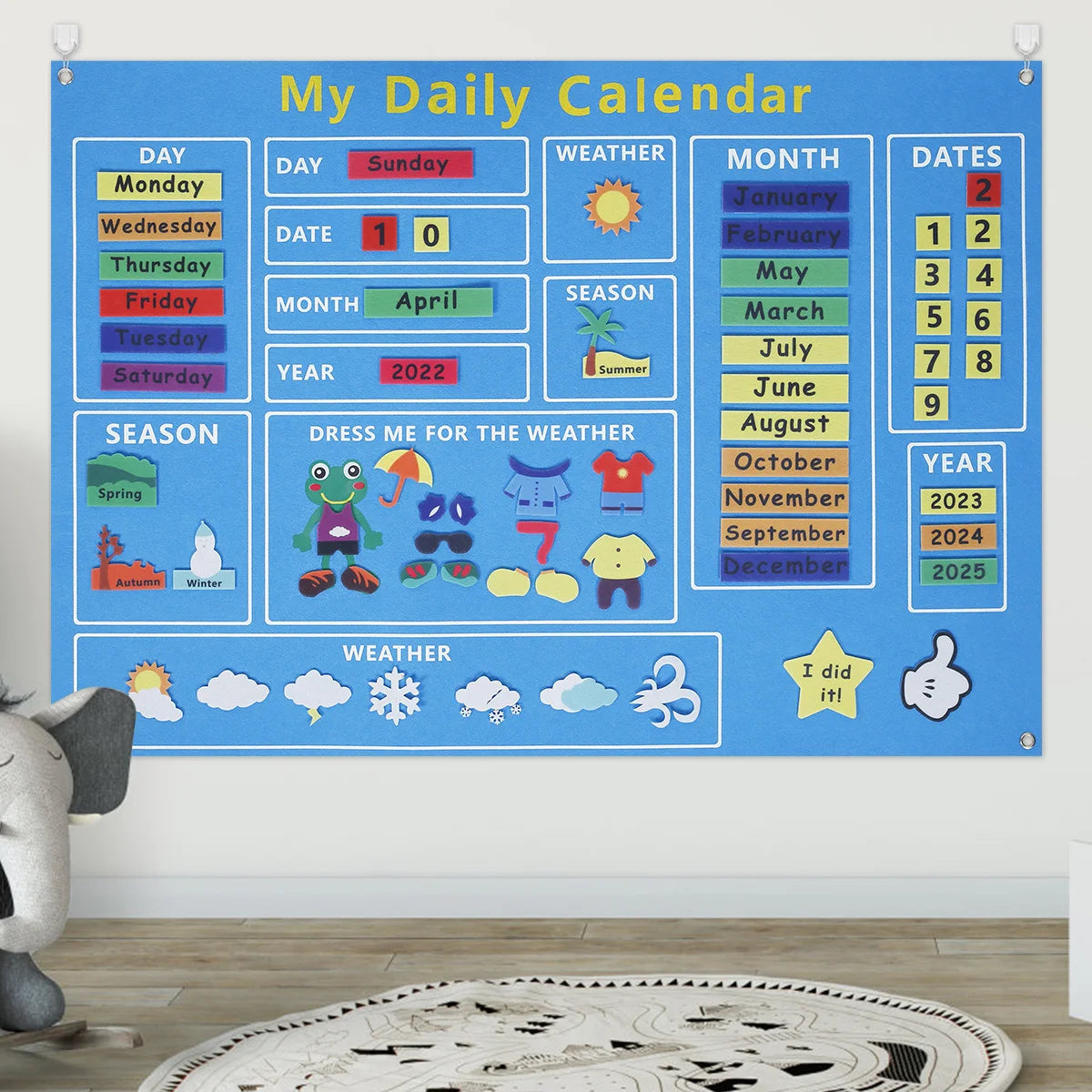 My First Daily Calendar Felt-Board for Toddlers 100x70cm Today Calendar Chart Hanging Board for Wall Date Weather Season Month