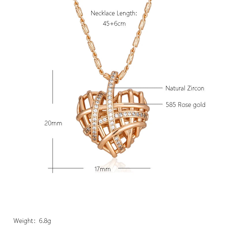 Kinel Unique Hollow Heart Pendant Necklace for Women Natural Zircon With 585 Rose Gold Color Modern Party Wedding Daily Jewelry