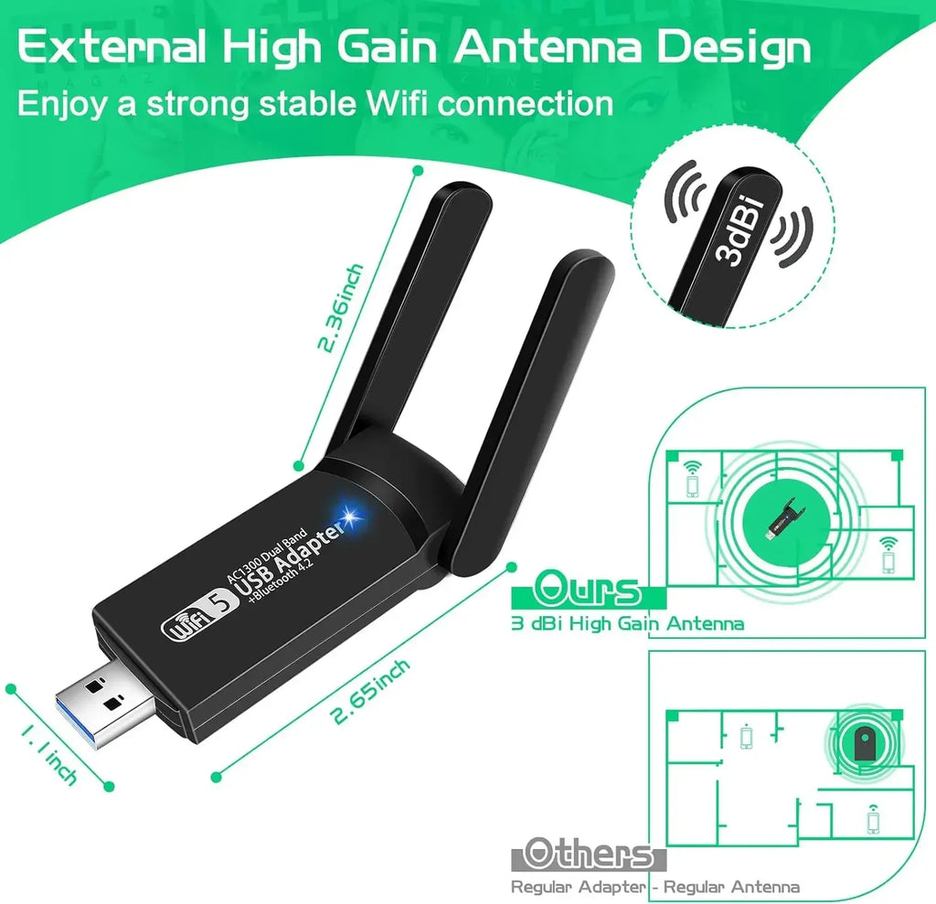 1300Mbps USB WiFi Bluetooth Adapter Dual Band 2.4/5Ghz Wireless Network External Receiver Mini WiFi Dongle for PC/Laptop/Desktop