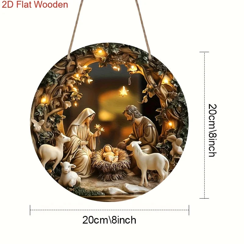 2D Flat Christmas Manger Scene, Wooden Sign, Circular Design, Church Wall Door Decoration, Christian Christmas Home
