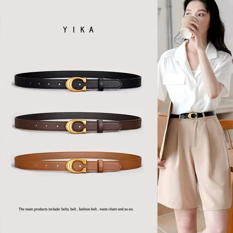 Ladies' belts are fashionable and versatile. Jeans are decorated with belts. Women's ins style black cowhide belts simple style