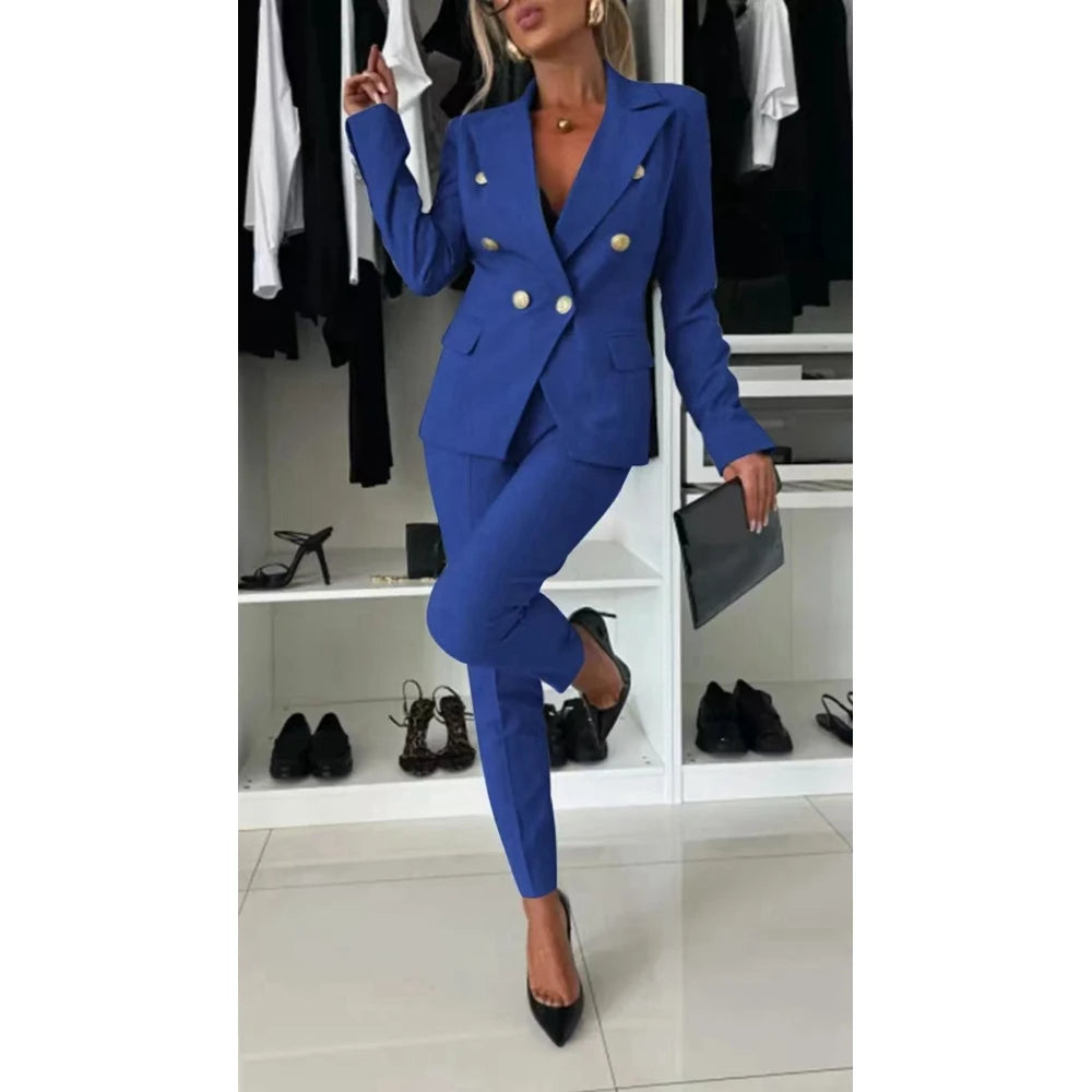 Women Casual Plain Blazer Coat & Work Pants Set Formal Solid OL Style 2 Pieces Set Bussiness Office Lady Suit Sets Workwear