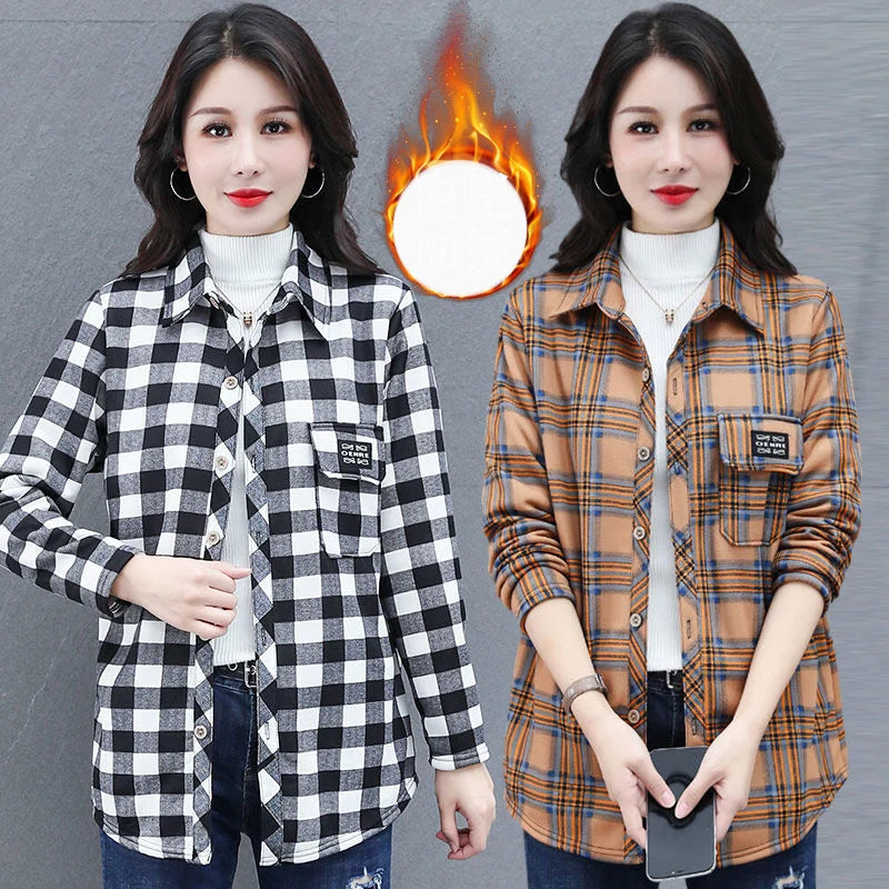 Autumn Winter Fashion Plus Velvet Harajuku Tops Women Loose Casual All Match Outerwear Lattice Shirt Long Sleeve Button Blusa