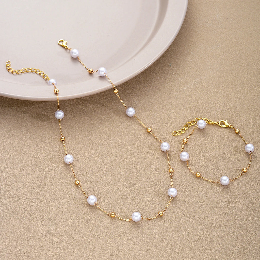 2 Pcs Exquisite Gold Color Bohemian Jewelry Set for Women Fashion Pearl Cross Pendant Necklace Bracelet Set Casual Jewelry Gifts