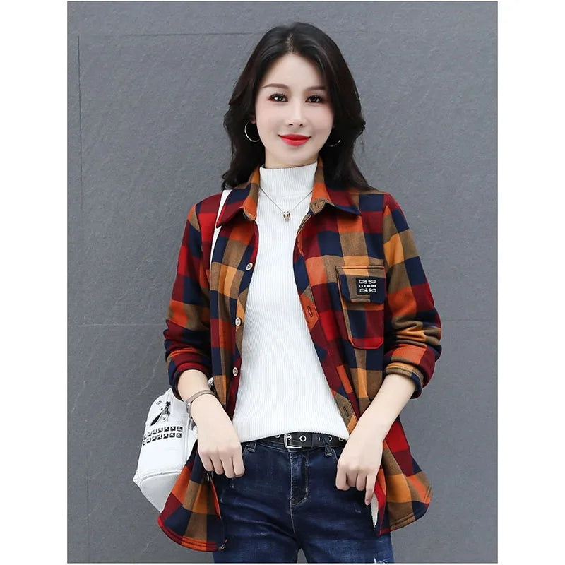 2025 Spring Autumn Winter Women's Warm Shirt Coat New Mother's Female Shirt With Plush Thickened Ladies Sanded Thick Jacket