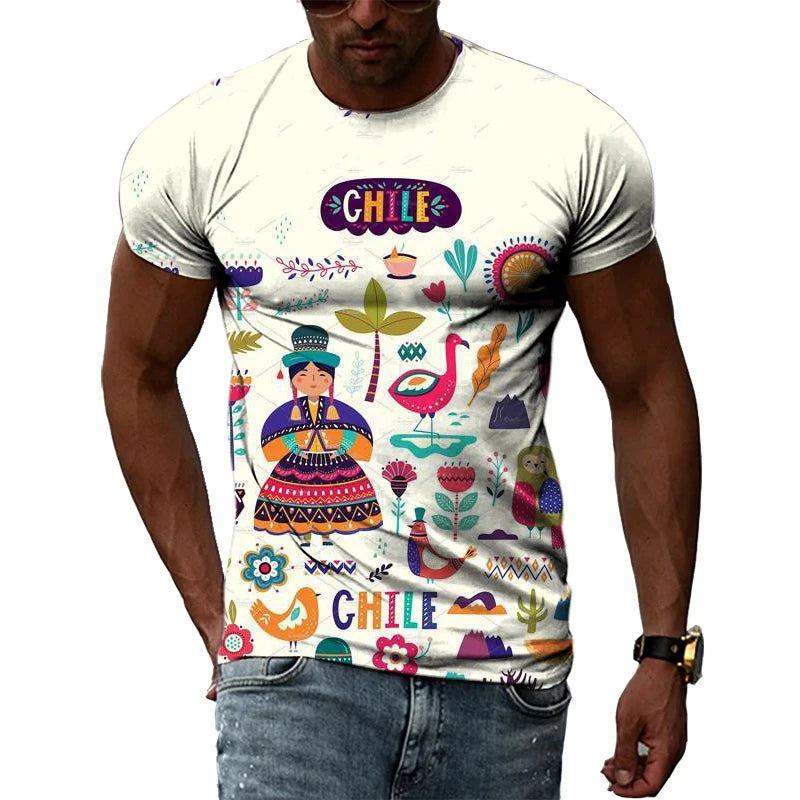 Summer T-shirts For Man 3D Print Hip Hop Harajuku Personality Round Neck Short Sleeve Fashion Natural Scenery Chile map and flag
