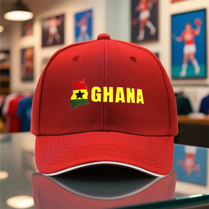 1pc Unisex Baseball Cap, New Style Breathable Black Snapback Hat with Ghana Print for Outdoor Camping, Travel, Running, Yoga, an