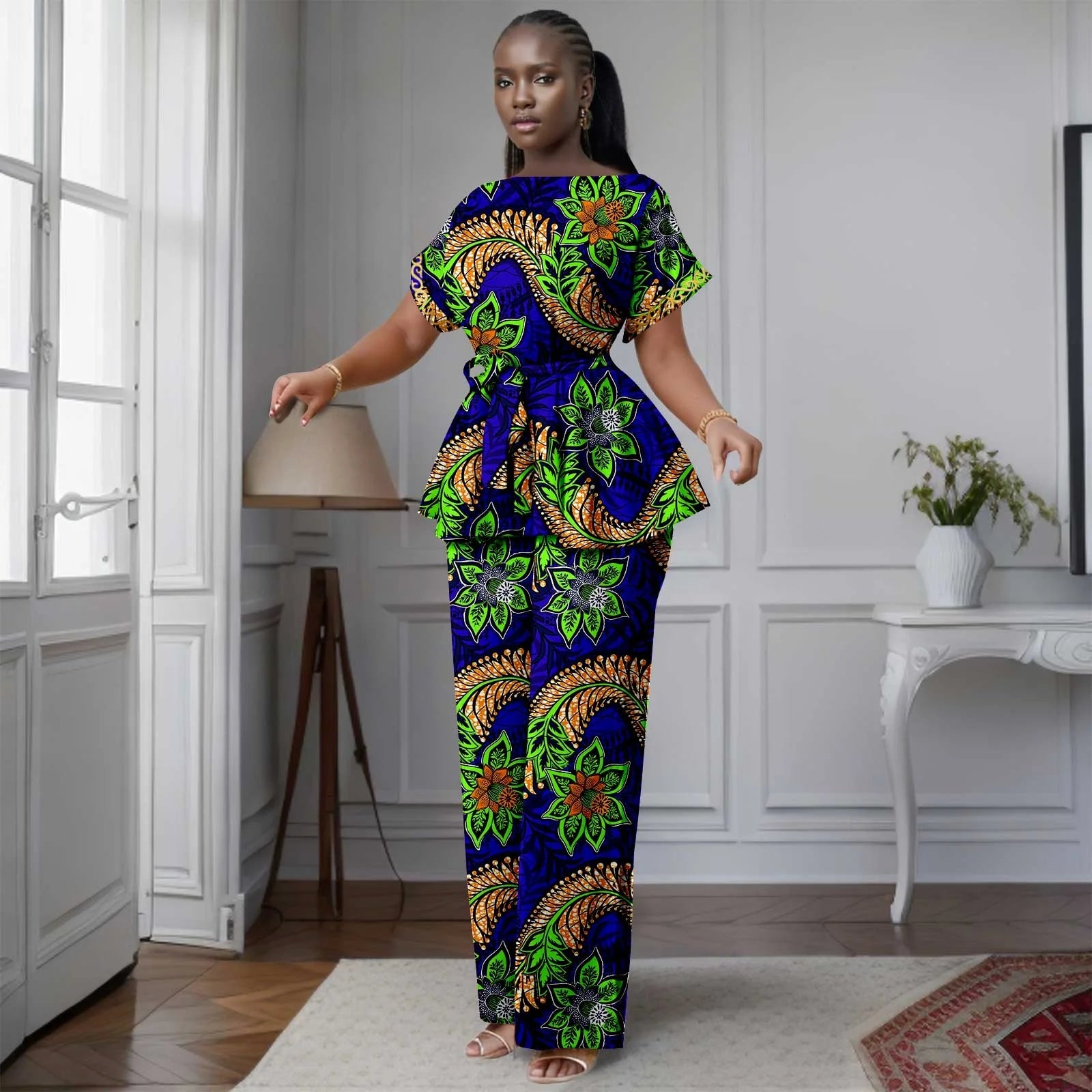 African Women's Printed Ankara Slash Neck Short Sleeve Top Mid-Calf Pants two-piece Set Dashiki Casual Party