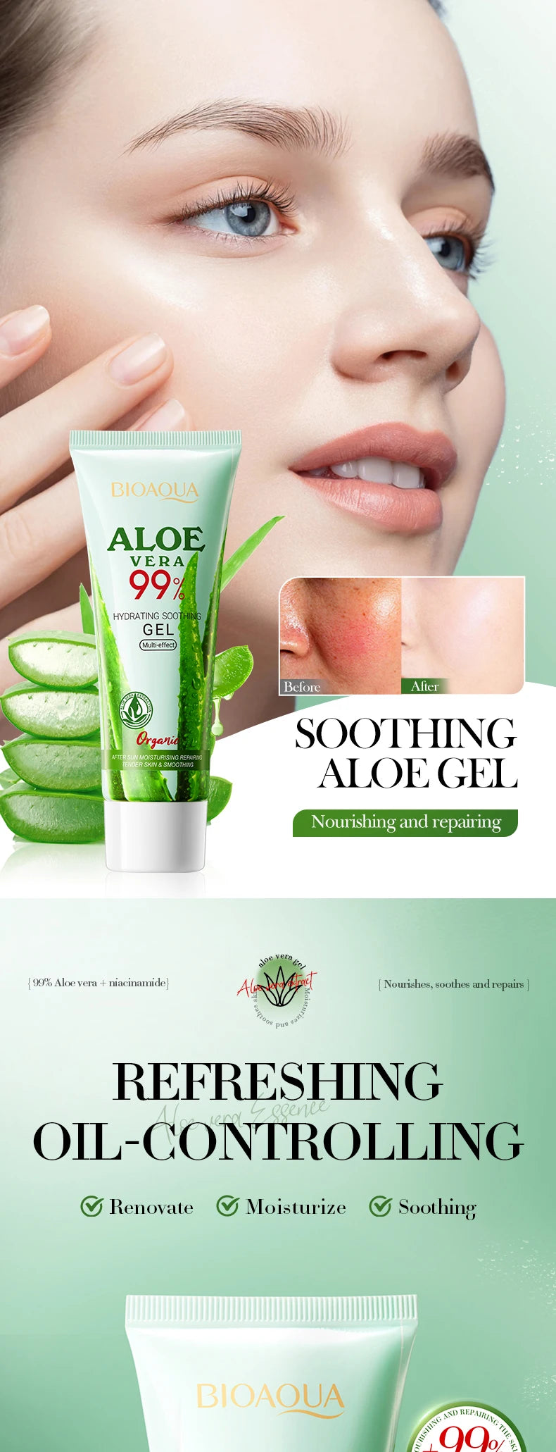 BIOAOUA Hydrating Soothing Natural Aloe Vera Gel Repairing Sunburn Moisturizing Skin Repairing Skin Care Facial Care