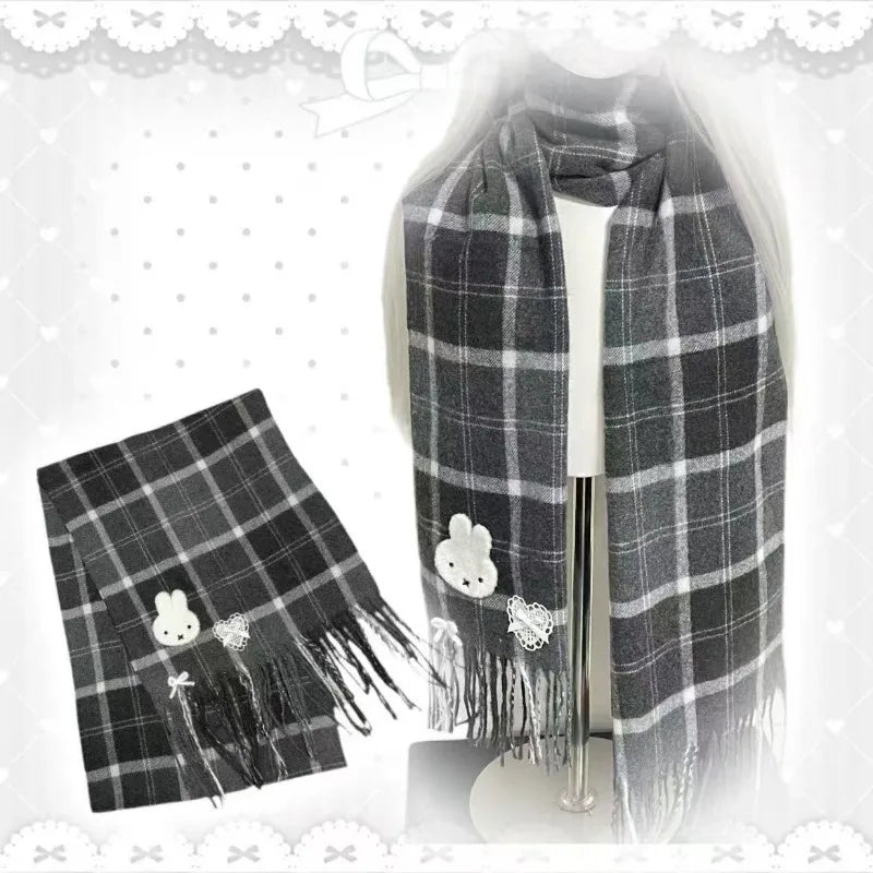 Miffy Black Checkered Scarf Autumn Winter Warm Versatile Cute Scarf for Women Girl Fashion Cotton Stoles Scarf Christmas Gifts