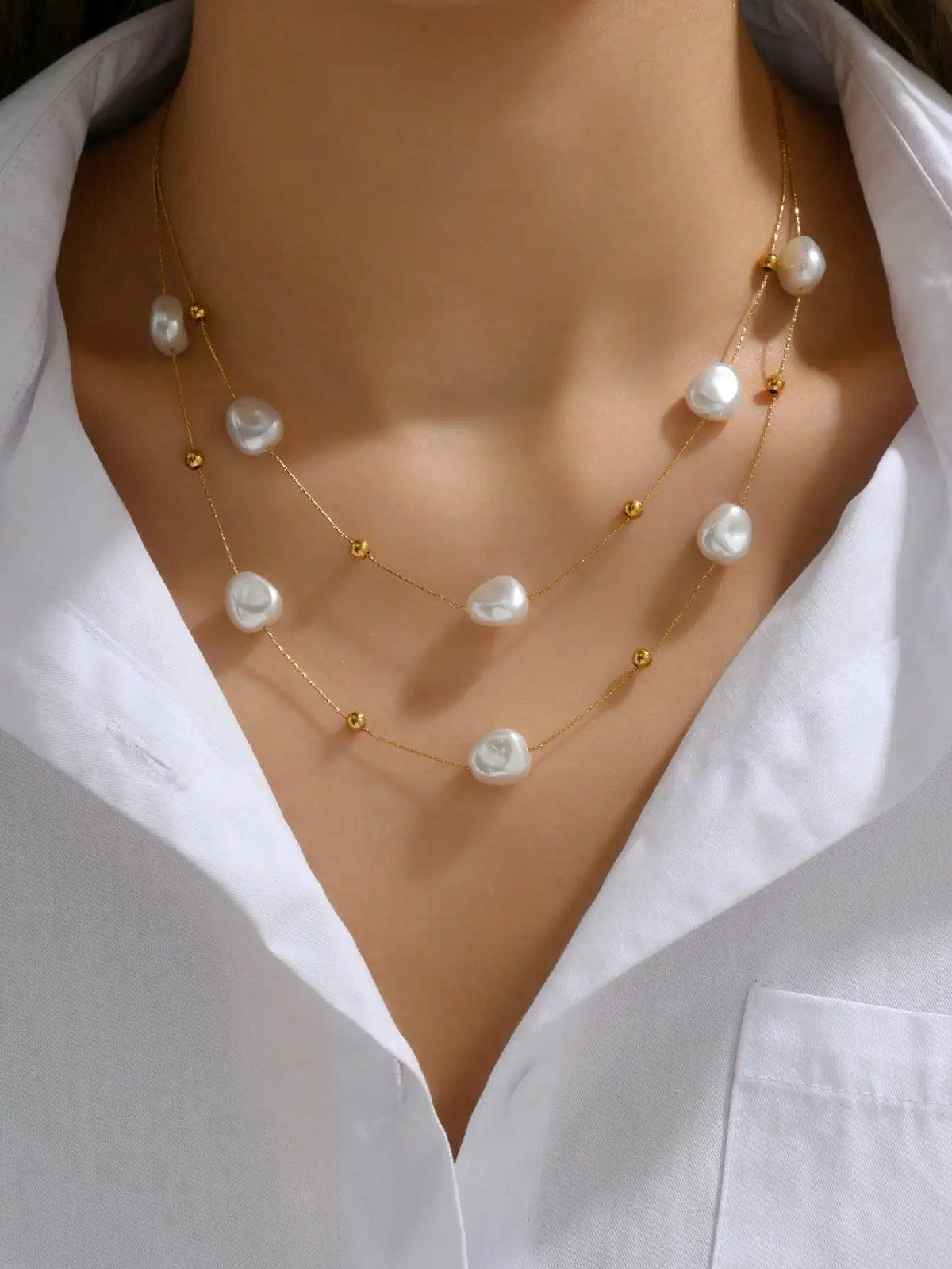 Stainless Steel Double Layer Pearl Necklace For Women Daily Wear Gift